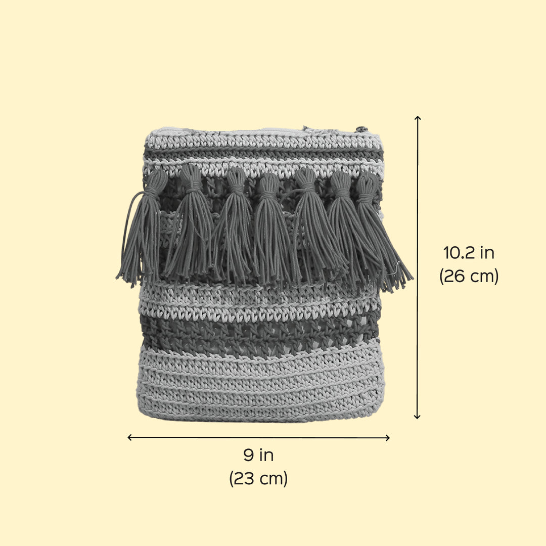 Handmade Crochet Red & White Tasseled Shoulder Bag