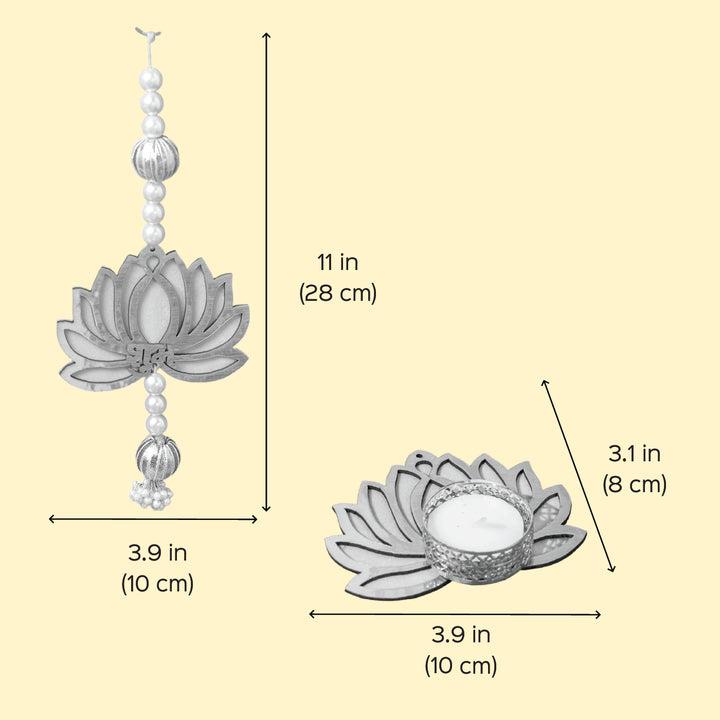 4pc Set | Handmade Gota Patti Yellow Lotus Diwali Decor | 2 Hangings + 2 Tealight Holders