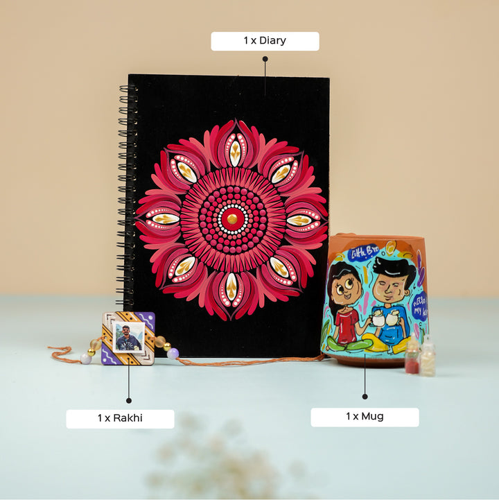 Photo Personalized Handmade Rakhi Hamper For Brother Includes 1 Rakhi 1 Diary 1 Mug - Product Set with Item Labels