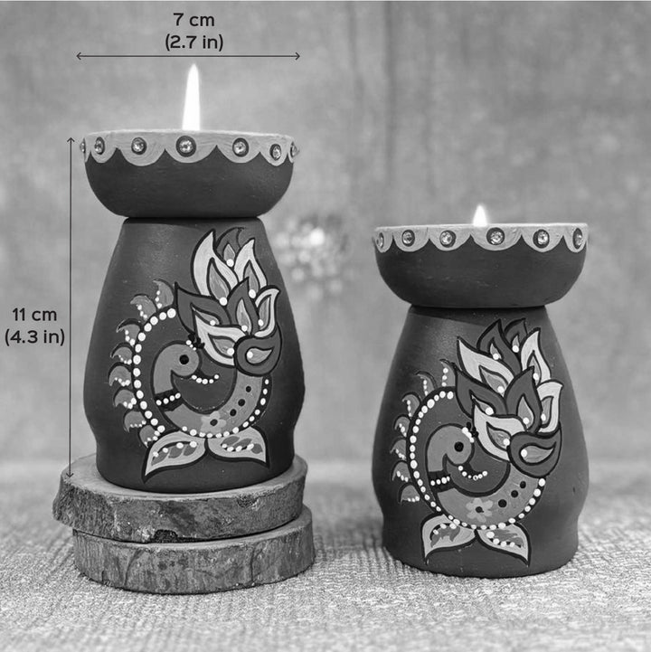 Hand-Painted Peacock Theme Terracotta Tealight Holder | Set Of 2
