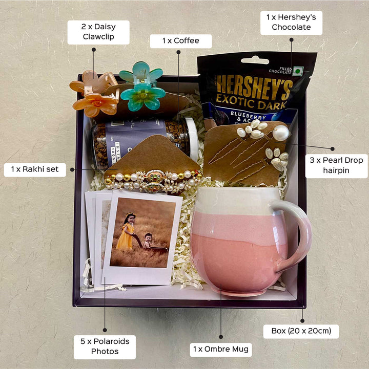Photo Personalized Handmade Threads And Treasures Rakhi Hamper | Includes 1 Mug, 2 Clips, 5 Photos, 3 Hair Pin, 1 Marble Lotus, 1 Chocolate, 1 Coffee & 1 Set Rakhi
