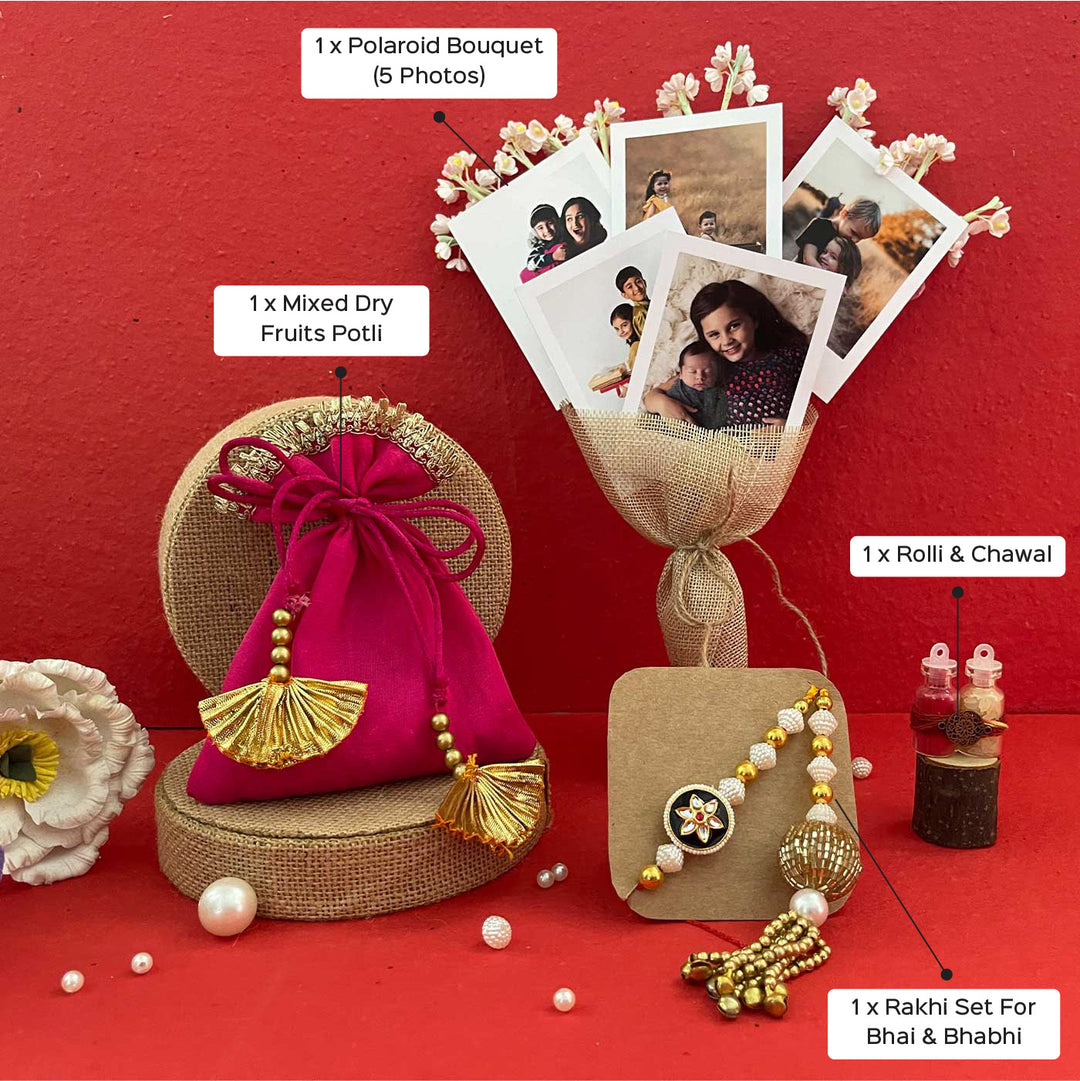 Photo Personalized Handmade Bouquet Design Rakhi Hamper Includes 5 Photos 1 Set Bhaiya Bhabhi Rakhi 1 Dry Frits Potli And 1 Roli Chawal - Labeled Contents Breakdown