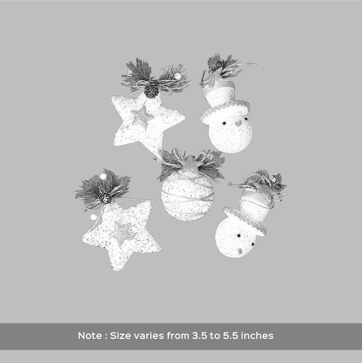 Handmade White Double Glitter Ornaments For Christmas Tree Decoration | Set Of 5