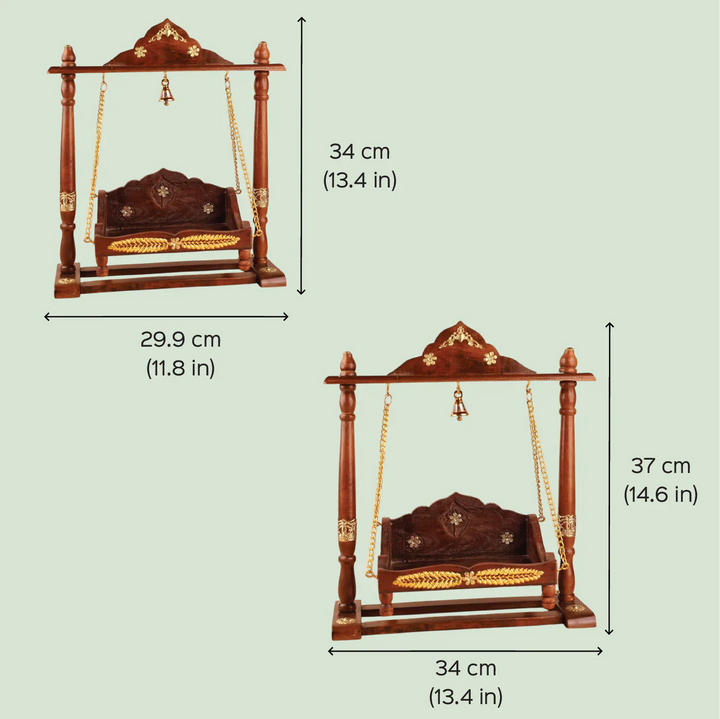 Hand Carved Gold-Tone Accent Ornate Cravings Wooden Laddu Gopal Jhula (Swing)