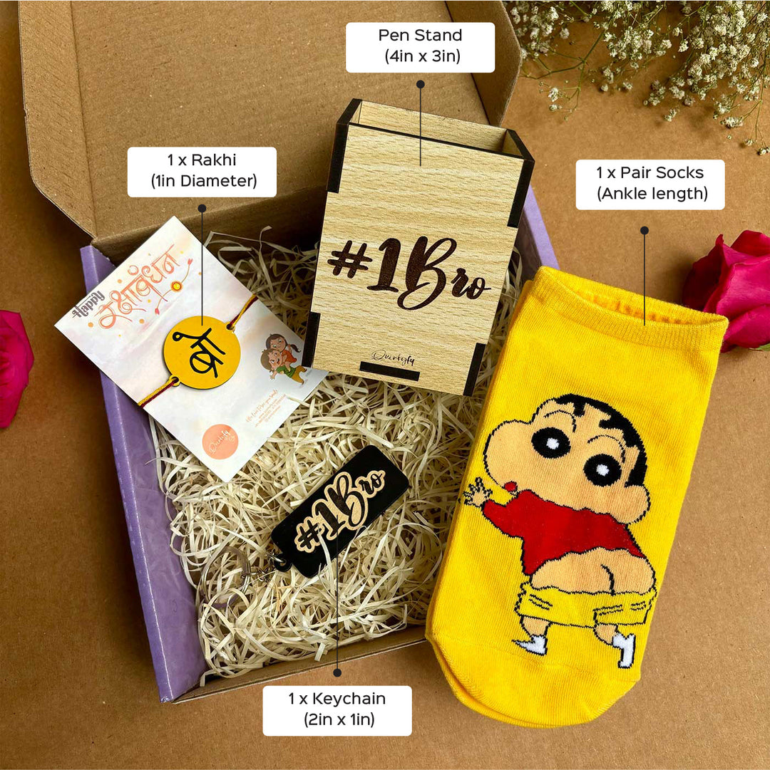 Shinchan Theme Rakhi Hamper For Brother Includes 1 Rakhi 1 Pair Socks 1 Keychain And 1 Pen Holder - Product Dimensions with Labels