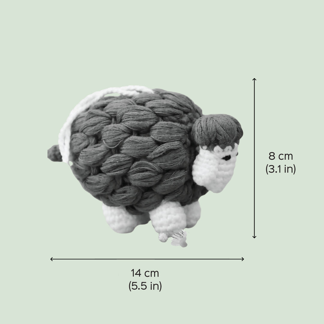 Handmade Crochet Sheep Theme Kids Rakhi And Toy Combo With Roli Chawal Set Of 2 - Size Dimensions Displayed