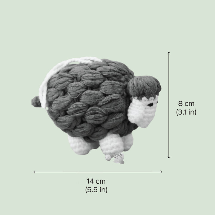Handmade Crochet Sheep Theme Kids Rakhi And Toy Combo With Roli Chawal Set Of 2 - Size Dimensions Displayed