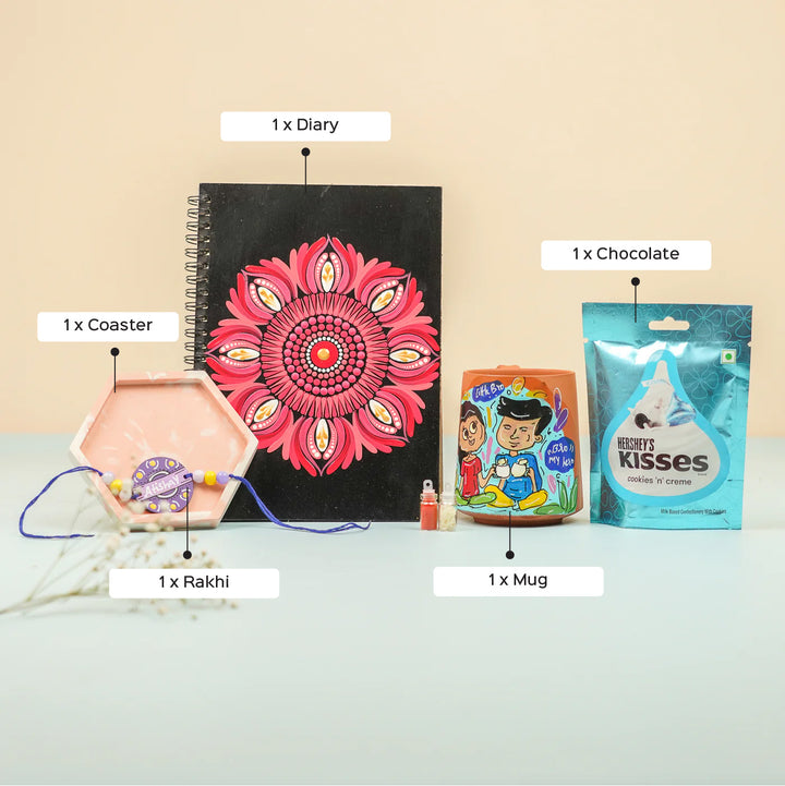 Personalized Handmade Rakhi Hamper For Brother Includes 1 Rakhi 1 Diary 1 Mug 1 Coaster And Chocolate - Front View with Item Labels