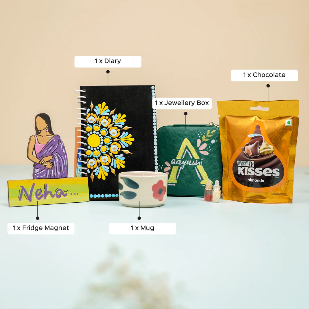 Personalized Handmade Gift Hamper For Sisters Includes 1 Jewellery Box 1 Diary 1 Mug 1 Fridge Magnet And 1 Chocolate - Product Components Labelled