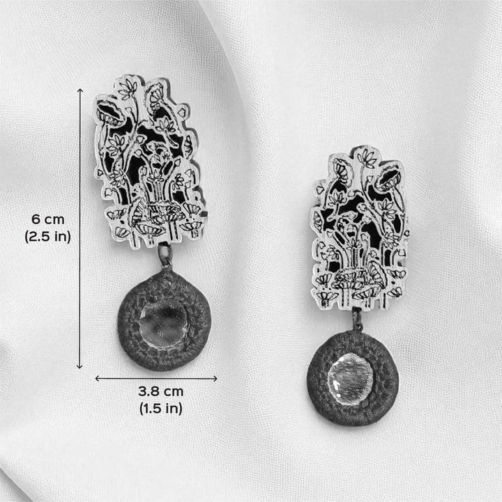 Handmade Silver Mirror Floral Jhumka Wooden Earrings