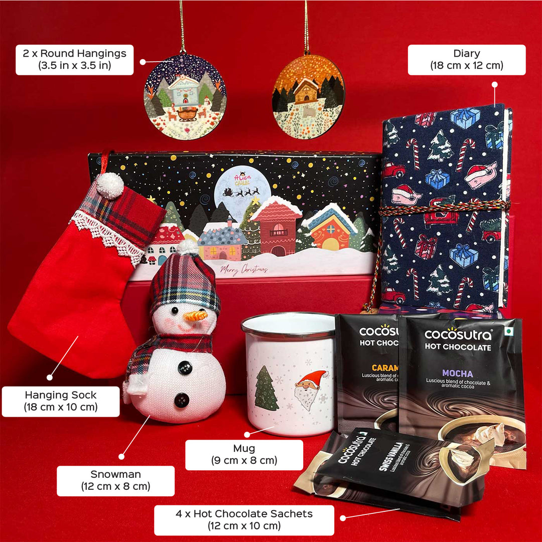 Handmade Winter Wonderland Christmas Hamper | Includes Diary, Mug, Hot Chocolate, Snowman, Hanging Sock, Hangings And Box