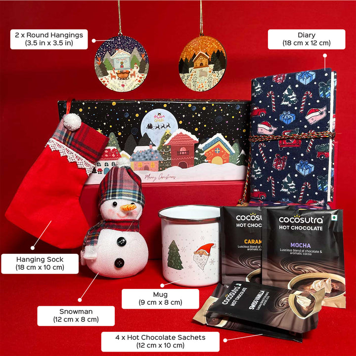 Handmade Winter Wonderland Christmas Hamper | Includes Diary, Mug, Hot Chocolate, Snowman, Hanging Sock, Hangings And Box