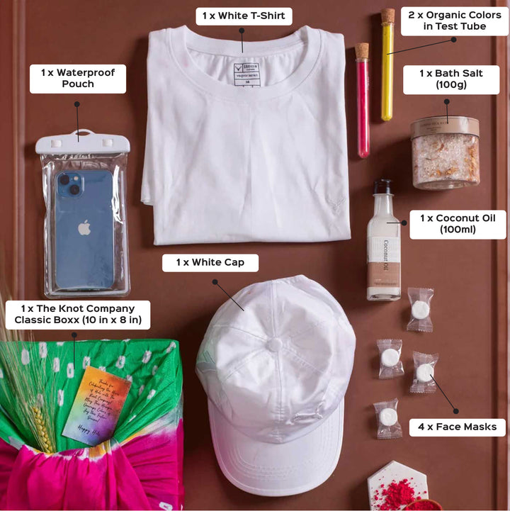 Holi Care Kit | Includes 1 White Cap, 1 White T-Shirt, 1 Bath Salt Jar, 1 Coconut Oil, 1 Waterproof Pouch, 2 Organic Colors in Test Tubes, 4 Face Masks, 1 Gift Box
