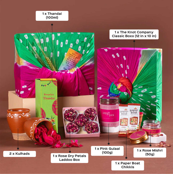 Sweet Hues of Holi Gift Hamper | Includes 1 Thandai, 2 Paper Boat Chikkis, 1 Pink Gulaal, 1 Rose Mishri, 1 Rose Dry Petals Laddoo Box, 2 Kulhads, 1 Classic Gift Box
