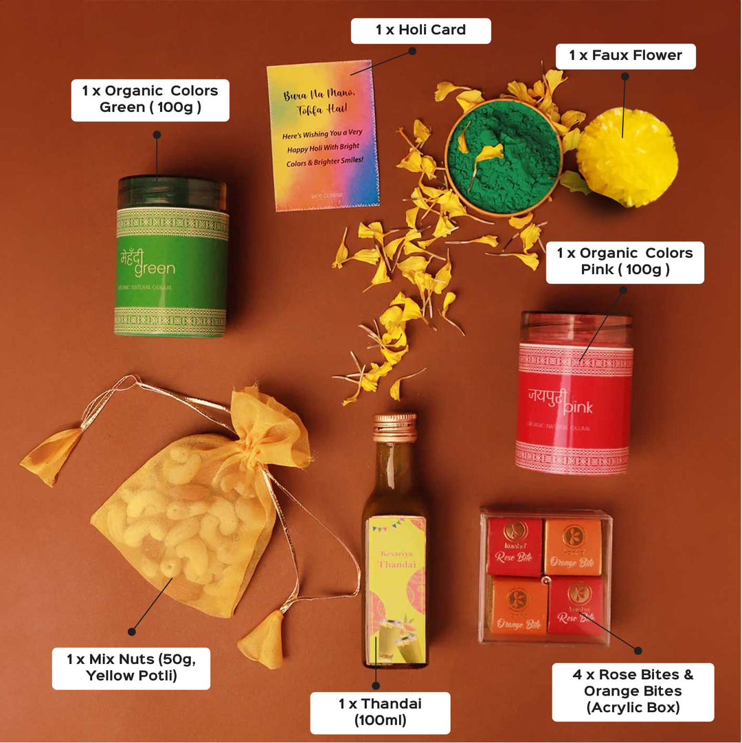 Blissful Holi Gift Box | Includes 2 Organic Color Jars, 1 Mix Nuts Potli, 4 Rose & Orange Bites in Acrylic Box, 1 Thandai, 1 Faux Marigold Flower, 1 Holi Card, 1 Corrugated Gift Box