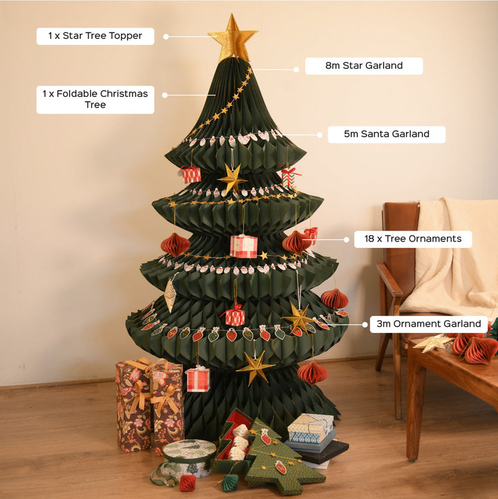 5 Feet | Foldable Christmas Tree With Decor | 8M Star Garland | 5M Santa Garland | 3M Ornament Garland | 18 Pc Tree Ornaments | 1 Pc Star Topper