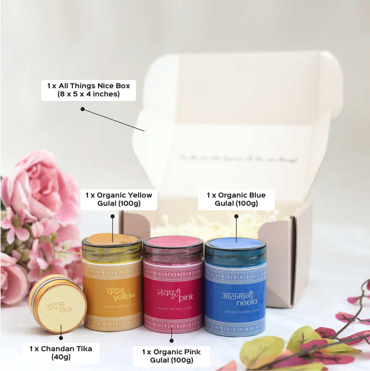 Rang-Otsav Grandeur Box | Includes 1 Organic Yellow Gulaal, 1 Organic Pink Gulaal, 1 Organic Blue Gulaal, 1 Chandan Tika, 1 All Things Nice Gift Box