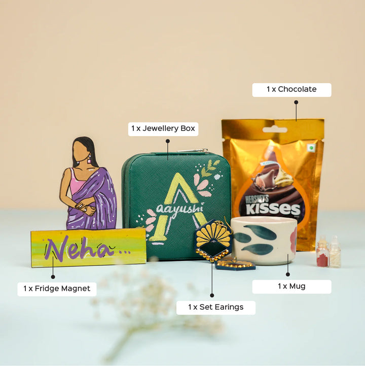 Personalized Handmade Gift Hamper For Sisters Includes 1 Jewellery Box 1 Set Earring 1 Candle 1 Chocolate And 1 Fridge Magnet - Labeled Contents Overview