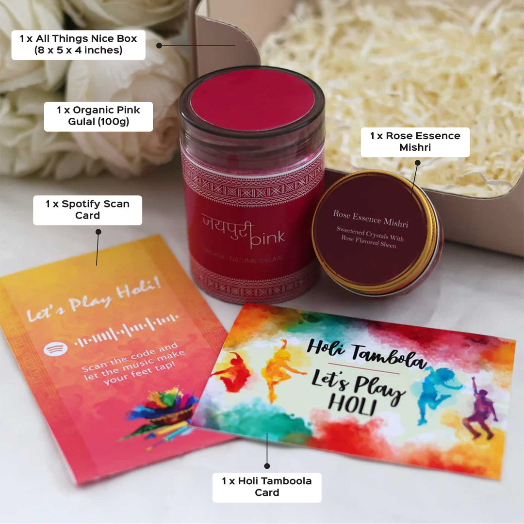 Rang, Raag aur Rivaaj Gift Box | Includes 1 Organic Pink Gulaal, 1 Rose Essence Mishri, 1 Spotify Scan Card, 1 Holi Tamboola Card, 1 All Things Nice Gift Box