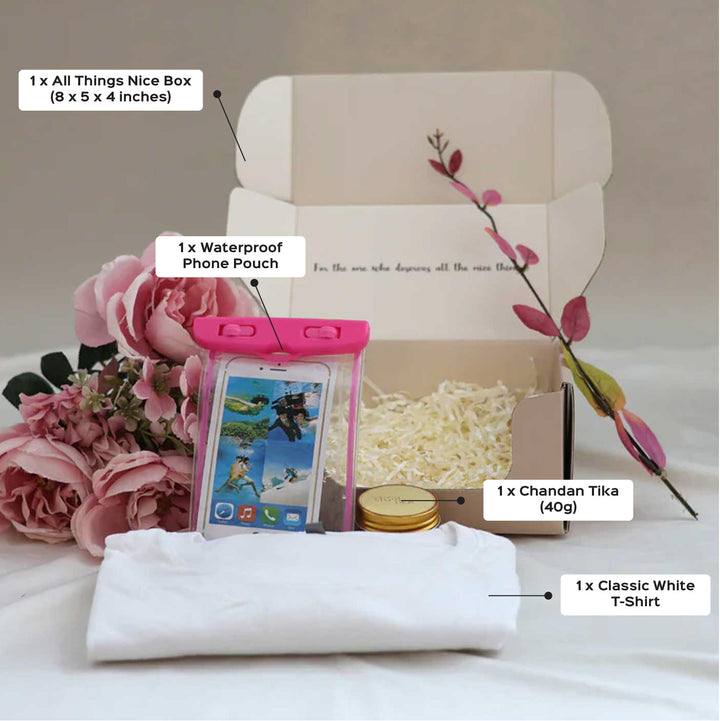 Ultimate Holi Essential Box | Includes 1 Waterproof Phone Pouch, 1 Classic White T-Shirt, 1 Chandan Tika, 1 All Things Nice Gift Box