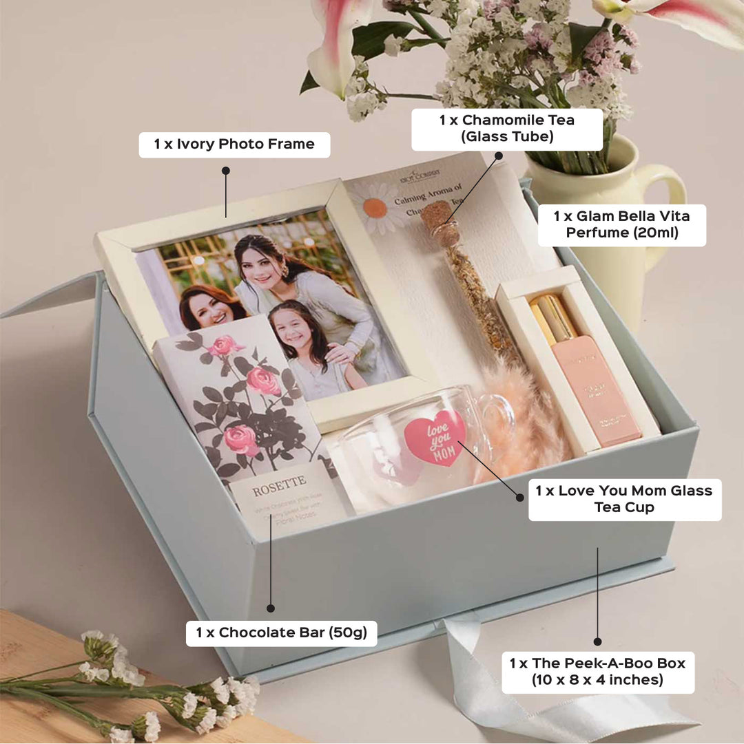 Photo Personalized Dear Mom, With Love Gift Box | Includes 1 Rose White Milk Chocolate Bar, 1 Ivory Photo Frame, 1 “Love You Mom” Glass Tea Cup, 1 Chamomile Tea Glass Tube, 1 Perfume, 1 Peek-A-Boo Gift Box