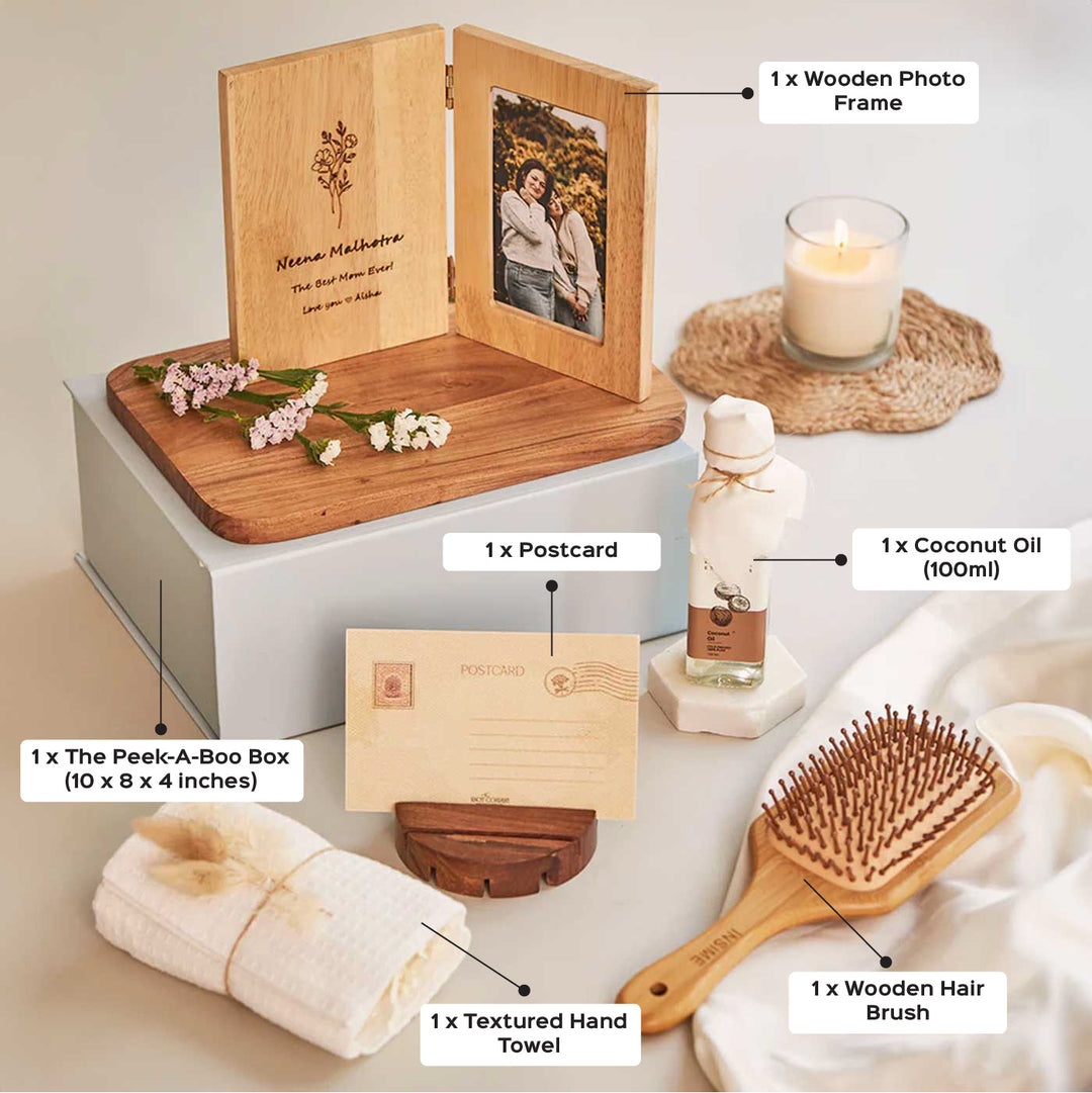 Photo Personalized Wrapped in Love for Mom Gift Box | Includes 1 Wooden Hair Brush, 1 Coconut Oil, 1 White Waffle Hand Towel, 1 Wooden Photo Frame, 1 Mother’s Day Postcard, 1 Peek-A-Boo Gift Box