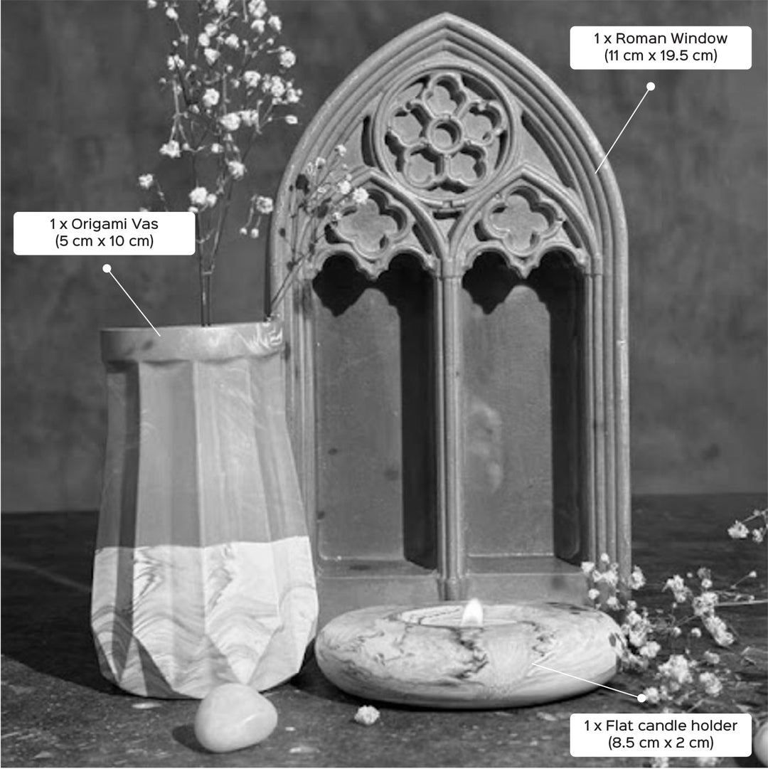 Handmade Concrete Ardore Hamper | Includes 1 Window Centerpiece, 1 Candle Holder And 1 Vase