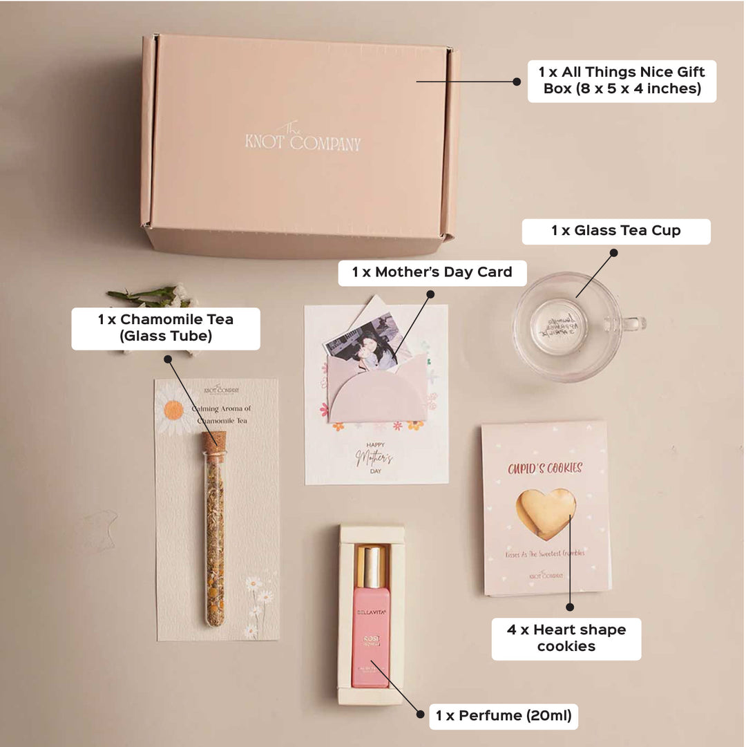 Photo Personalized Celebrating Mom’s Love Gift Hamper | Includes 1 Perfume, 4 Heart-Shaped Baked Cookies, 1 “Love You Mom” Glass Tea Cup, 1 Mother’s Day Card, 1 Chamomile Tea Glass Tube, 1 All Things Nice Gift Box