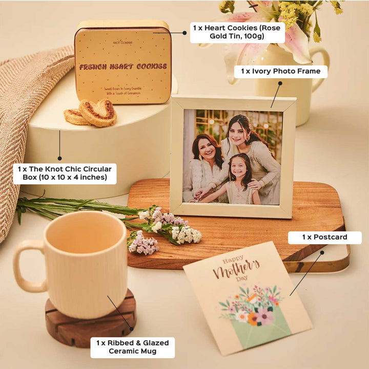 Photo Personalized Sweet Like Maa Gift Box | Includes 1 Ivory Photo Frame, 1 French Heart Cookies Tin, 1 Ribbed & Glazed Ceramic Mug, 1 Mother’s Day Postcard, 1 Chic Circular Gift Box