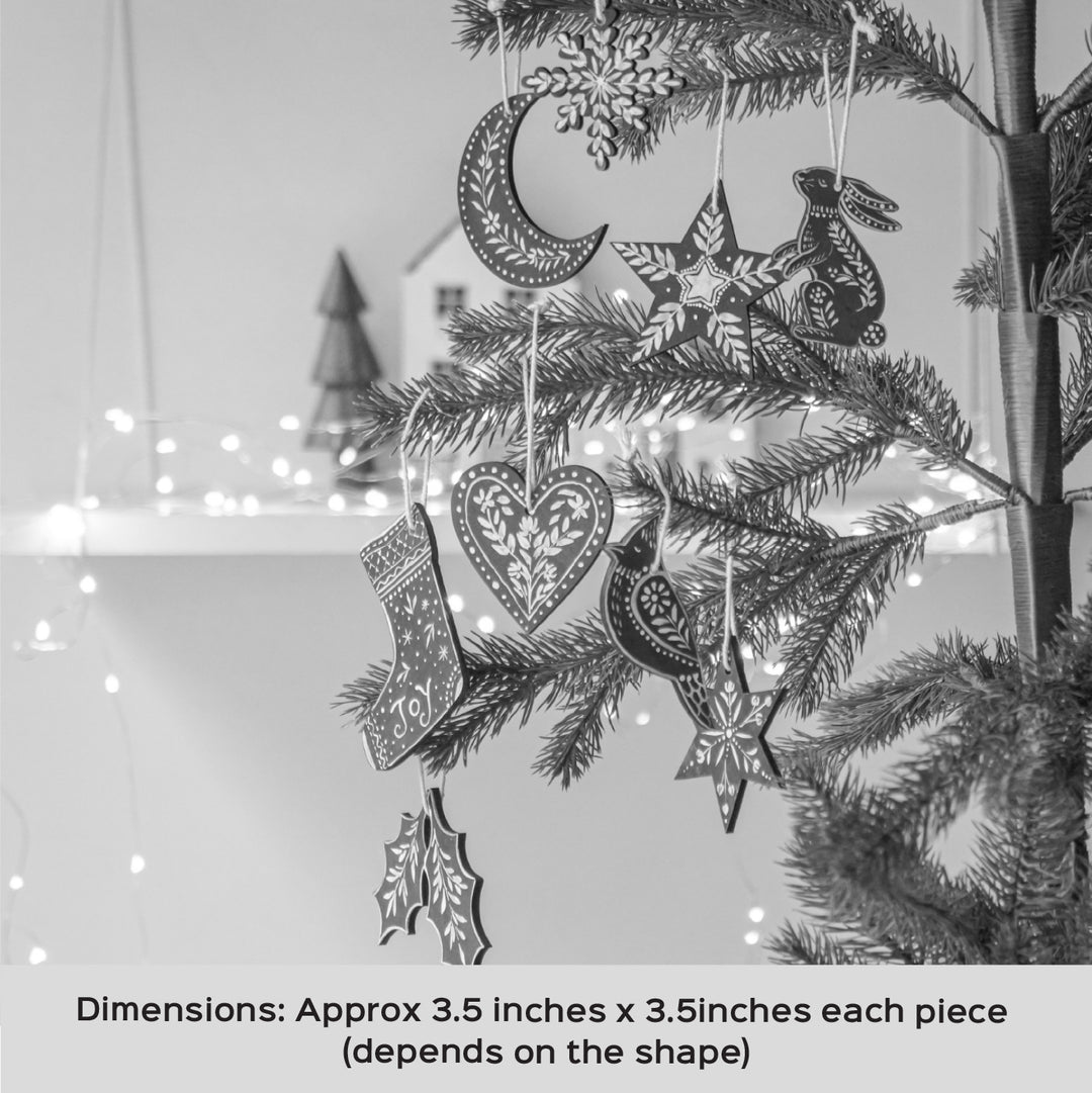 9 Pc | Handpainted Nordic Noel Green Folk Art MDF Ornament Set