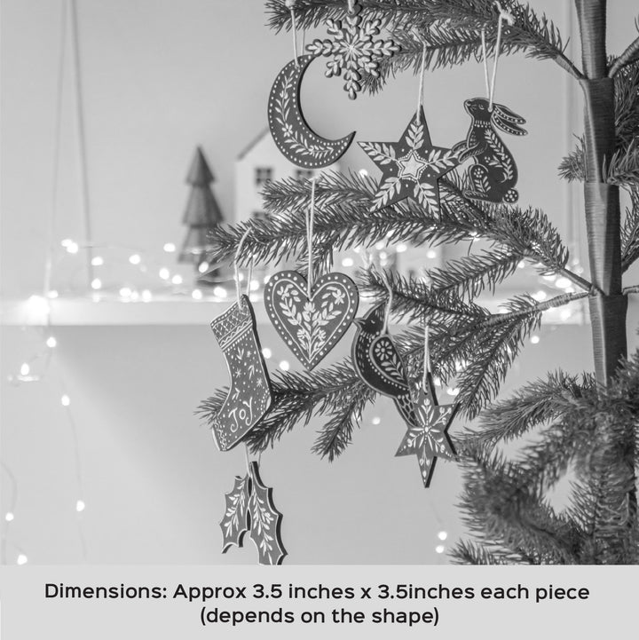 9 Pc | Handpainted Nordic Noel Green Folk Art MDF Ornament Set