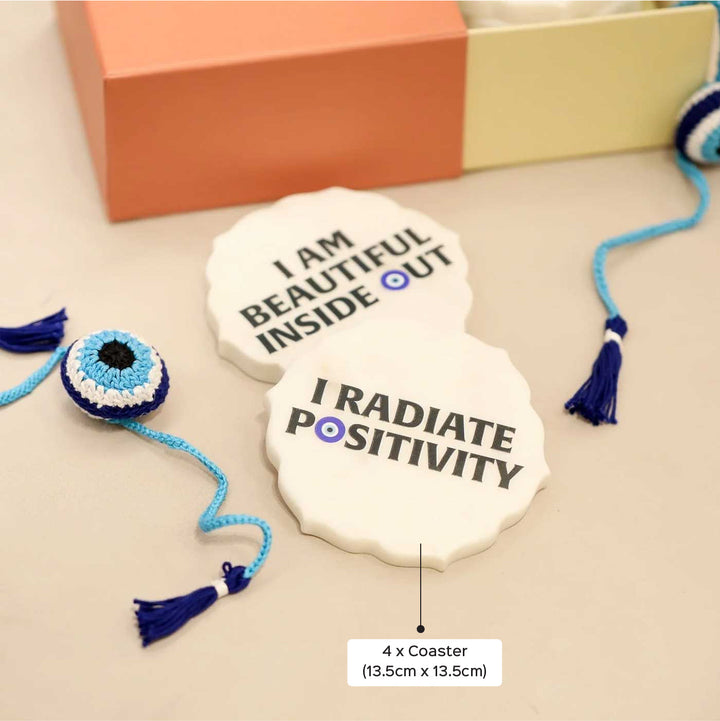 Handmade Crochet Evil Eye Design Cotton Rakhi Hamper Includes 1 Rakhi And 4 Coaster - Dimension Callout on Coasters