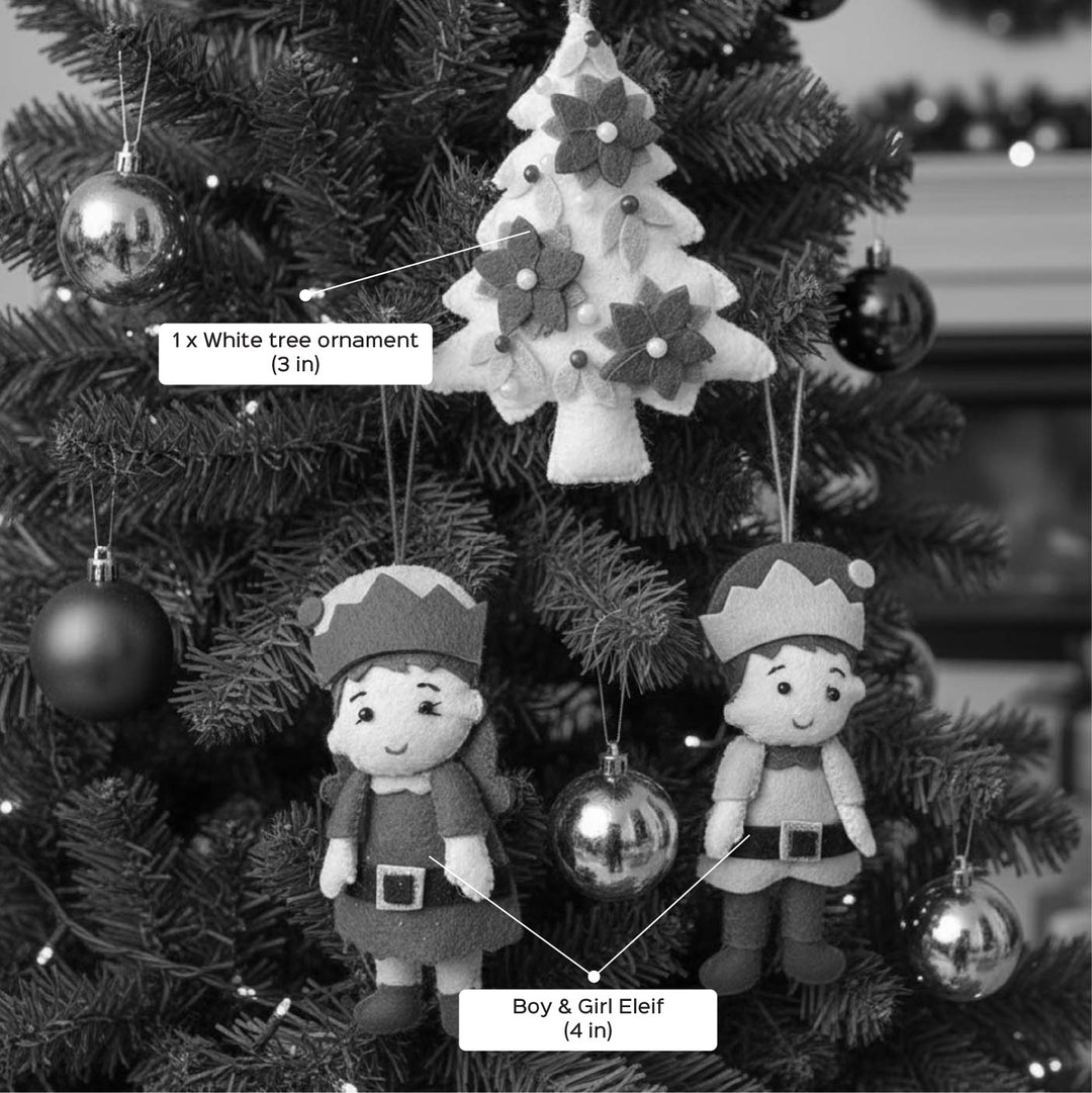 3 Pc | Felt Christmas Elves And Poinsettia Tree Ornament