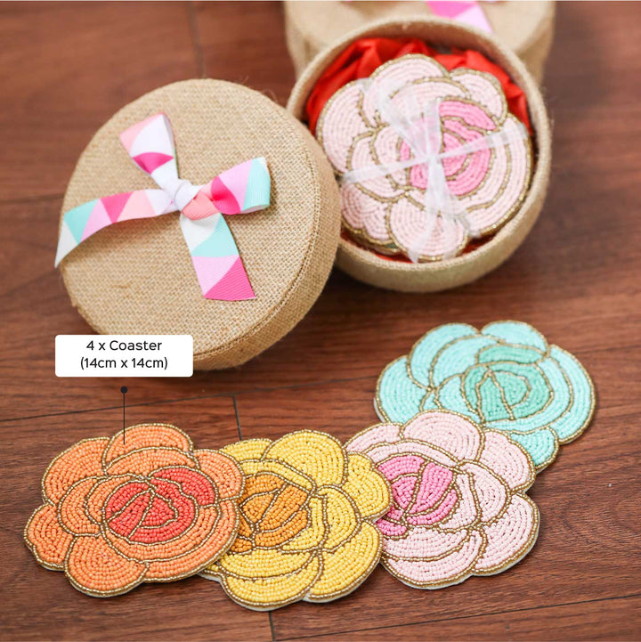 Handmade Beaded Rose Theme Jute Coaster Set | Set Of 4