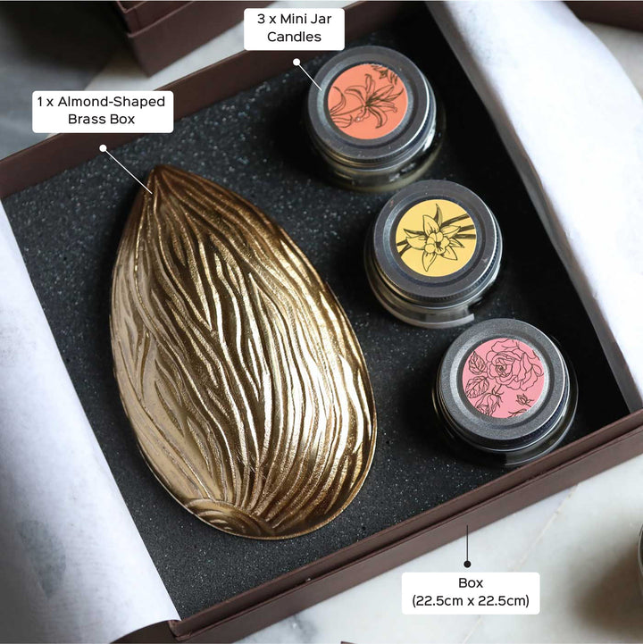 Handmade Charming Metal & Glass Gift Hamper | Includes 1 Almond Shape Box, 3 Candles