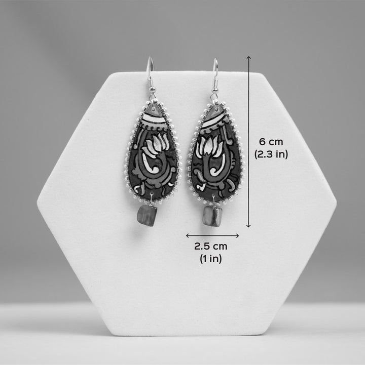 Hand-Painted Kerala Mural Brown Lotus Wooden Dangler Earrings