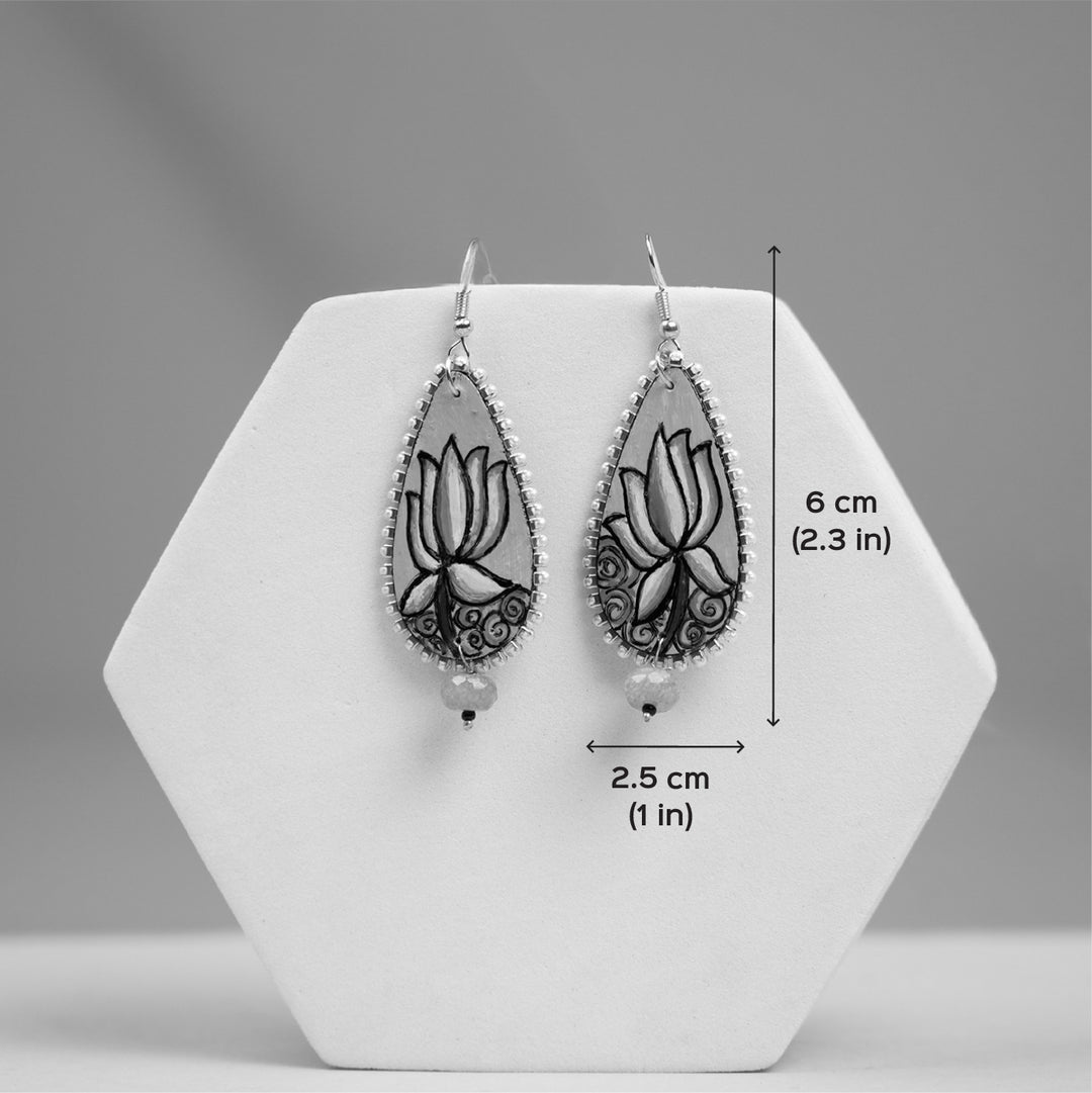 Hand-Painted Kerala Mural Lotus Wooden Dangler Earrings