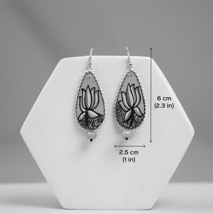 Hand-Painted Kerala Mural Lotus Wooden Dangler Earrings