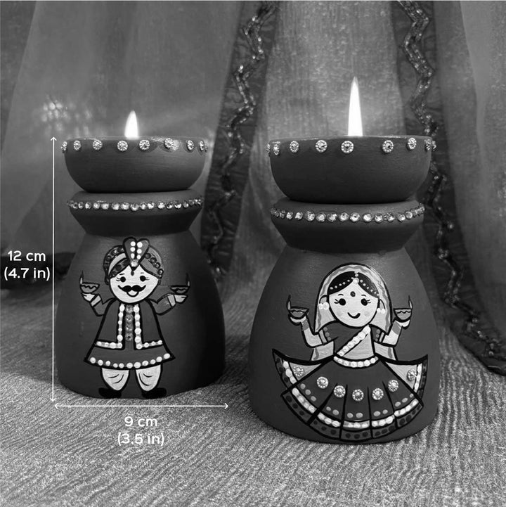Hand-Painted Diwali Special Rajasthani Couple Theme Terracotta Tealight Holder | Set Of 2