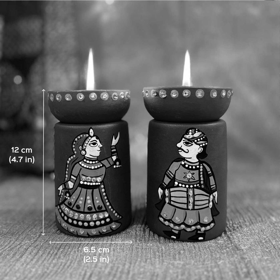 Hand-Painted Rajasthani Couple Theme Terracotta Tealight Holder | Set Of 2