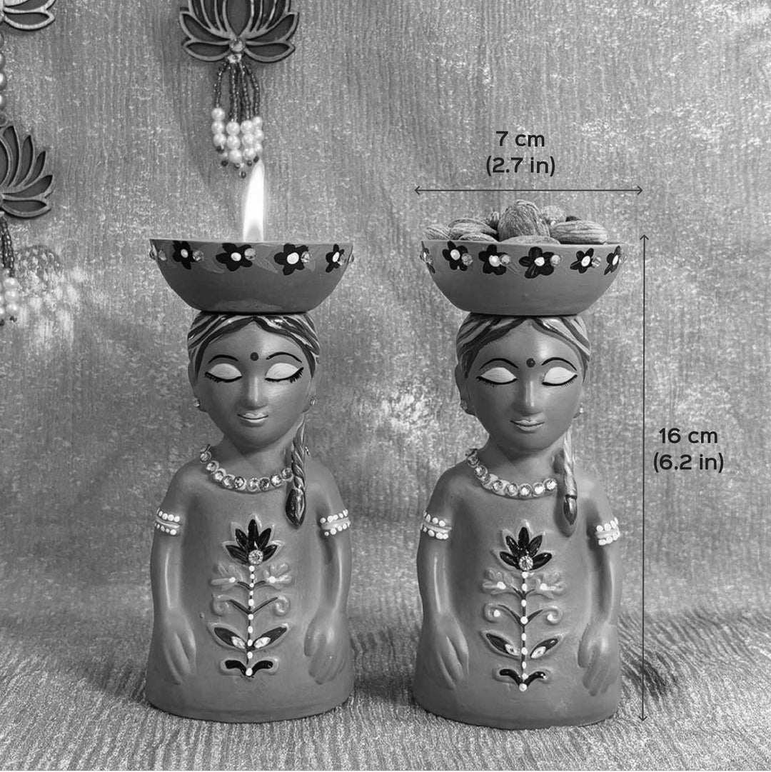 Hand-Painted Relaxing Girl Design Terracotta Tealight Holder | Set Of 2