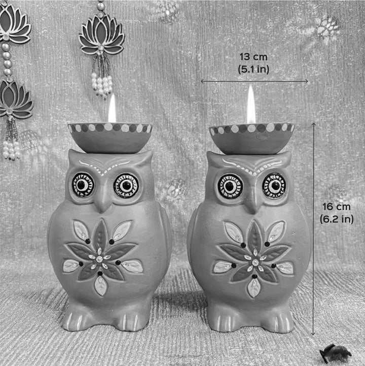 Hand-Painted Owl Design Terracotta Tealight Holder | Set Of 2
