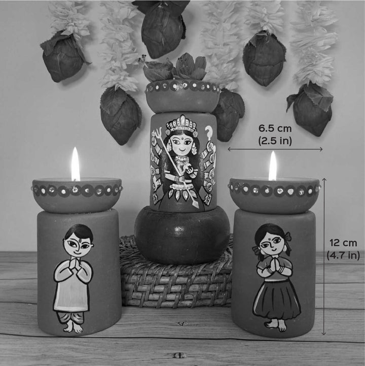 Hand-Painted Maa Durga Theme Terracotta Tealight Holder | Set Of 3
