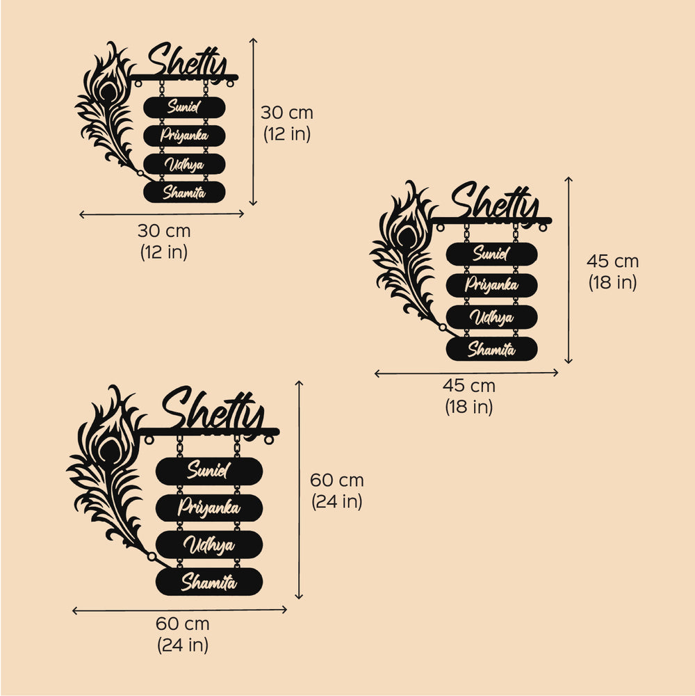 Personalized Laser Cut Peacock Feather Theme Steel Name Plate - Dimension Chart Showing Size Options