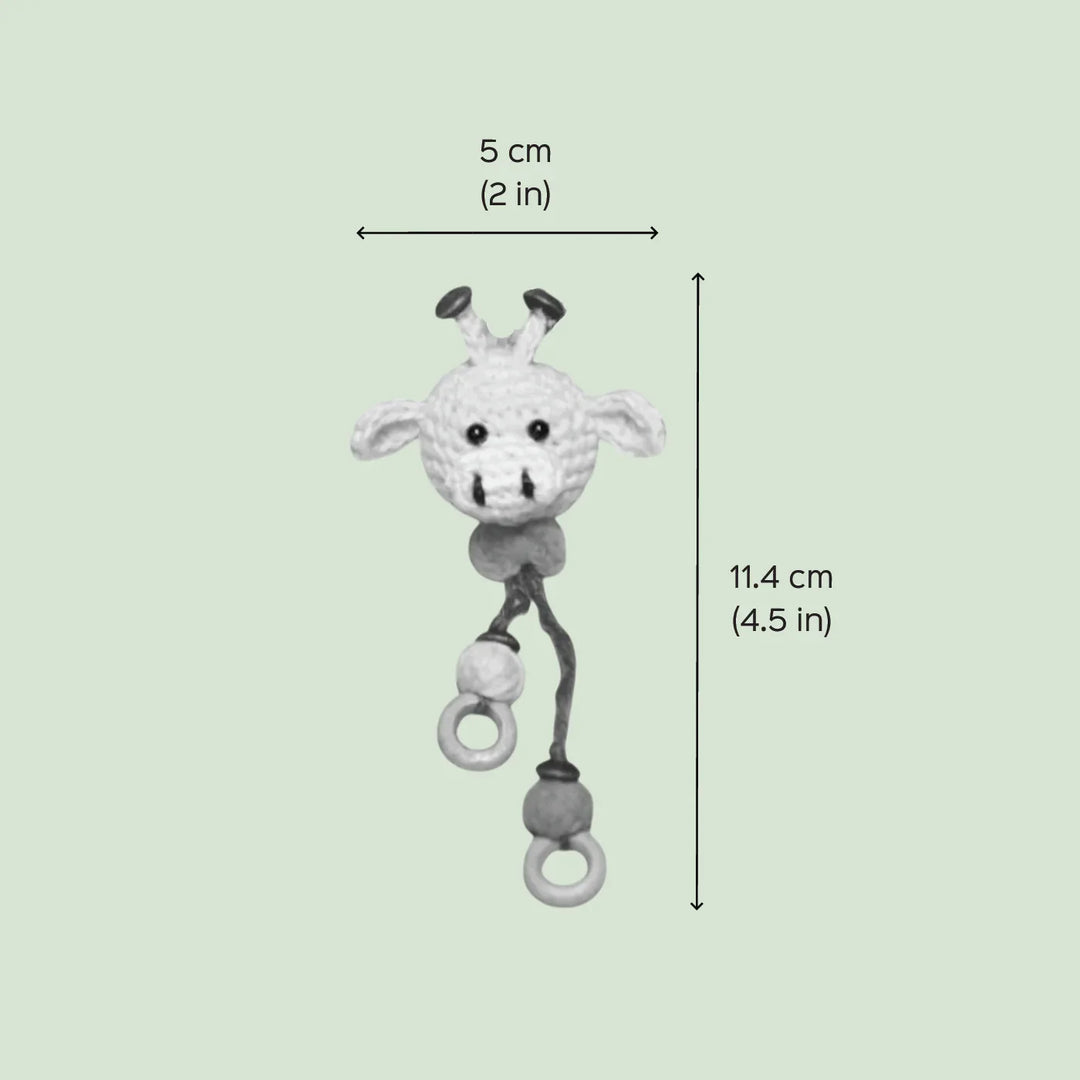 Handmade Crochet Giggling Giraffe Kids Lumba Rakhi For Girls With Roli Chawal - Dimensions Overlay View