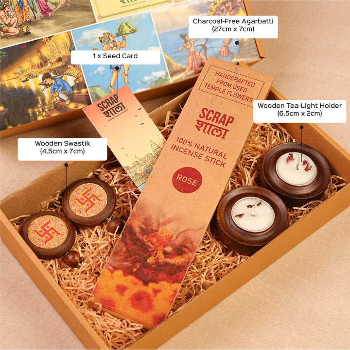 Handmade Shubh Mangal Gift Hamper | Includes Agarbatti Pack With Stand, Swastik Door Hanging, Wooden T-Light Holders, Seed Card And Outer Box