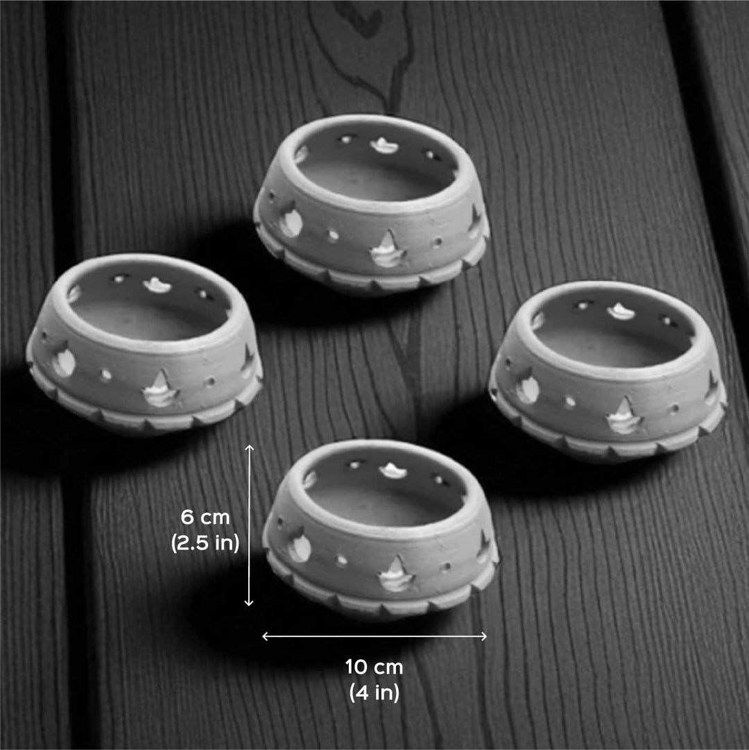 Set of 4 | Handmade Cut Design Terracotta Oil Lamp / Diya