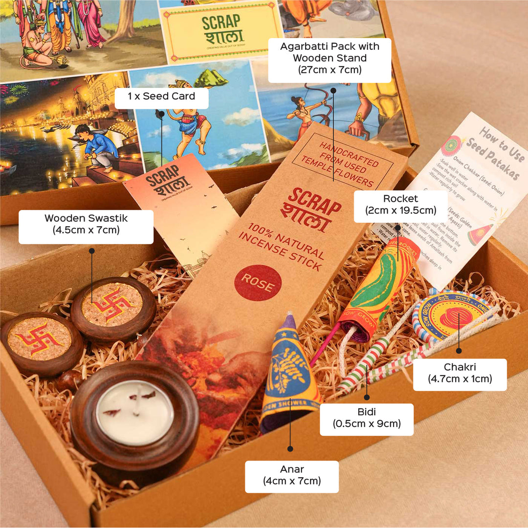 Handmade Prakash Gift Hamper | Includes Agarbatti Pack With Stand, Swastik Door Hanging, Wooden T-Light Holder, Plantable Crackers, Cracker Instruction Card, Seed Card And Outer Box