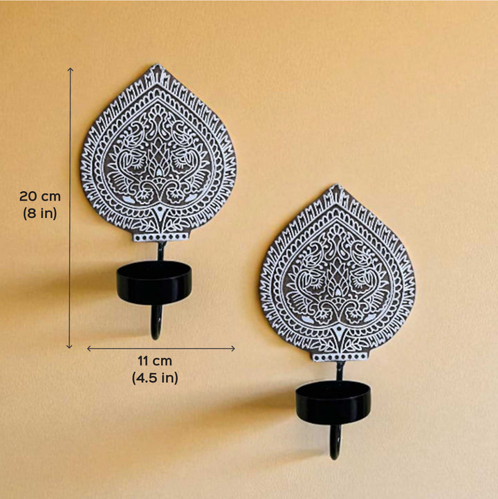 Set Of 2 | Handmade Block Printed Pan Leaf Design Wooden Tealight Holder