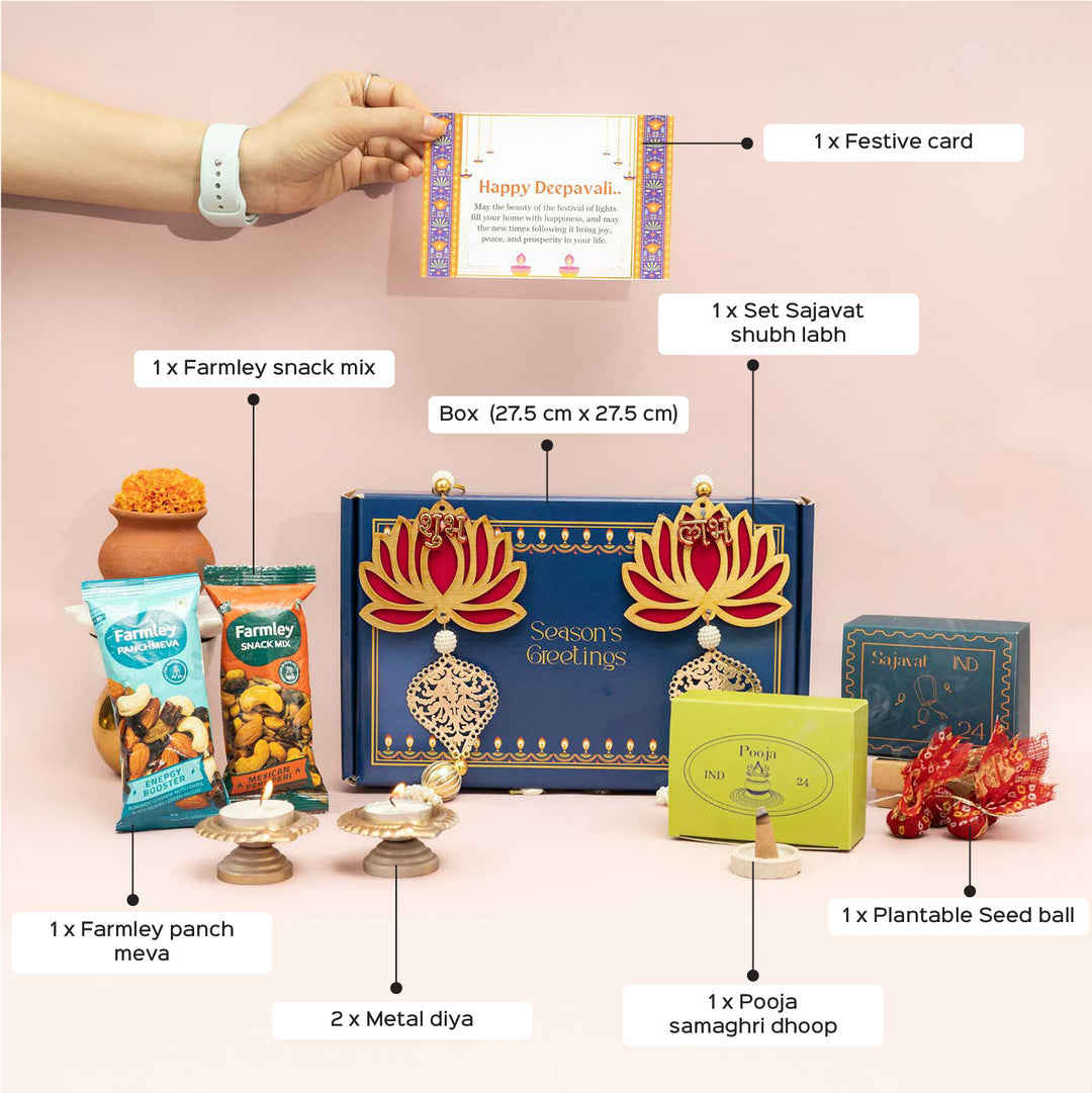 Handmade Mridula Gift Hamper | Includes 2 Snacks Mix, 1 X Set Sajavat Shubh Labh, 1 Pooja Samaghri Dhoop, 2 Metal Diya, 1 Plantable Seed Ball, 1 Diwali Card And 1 Box